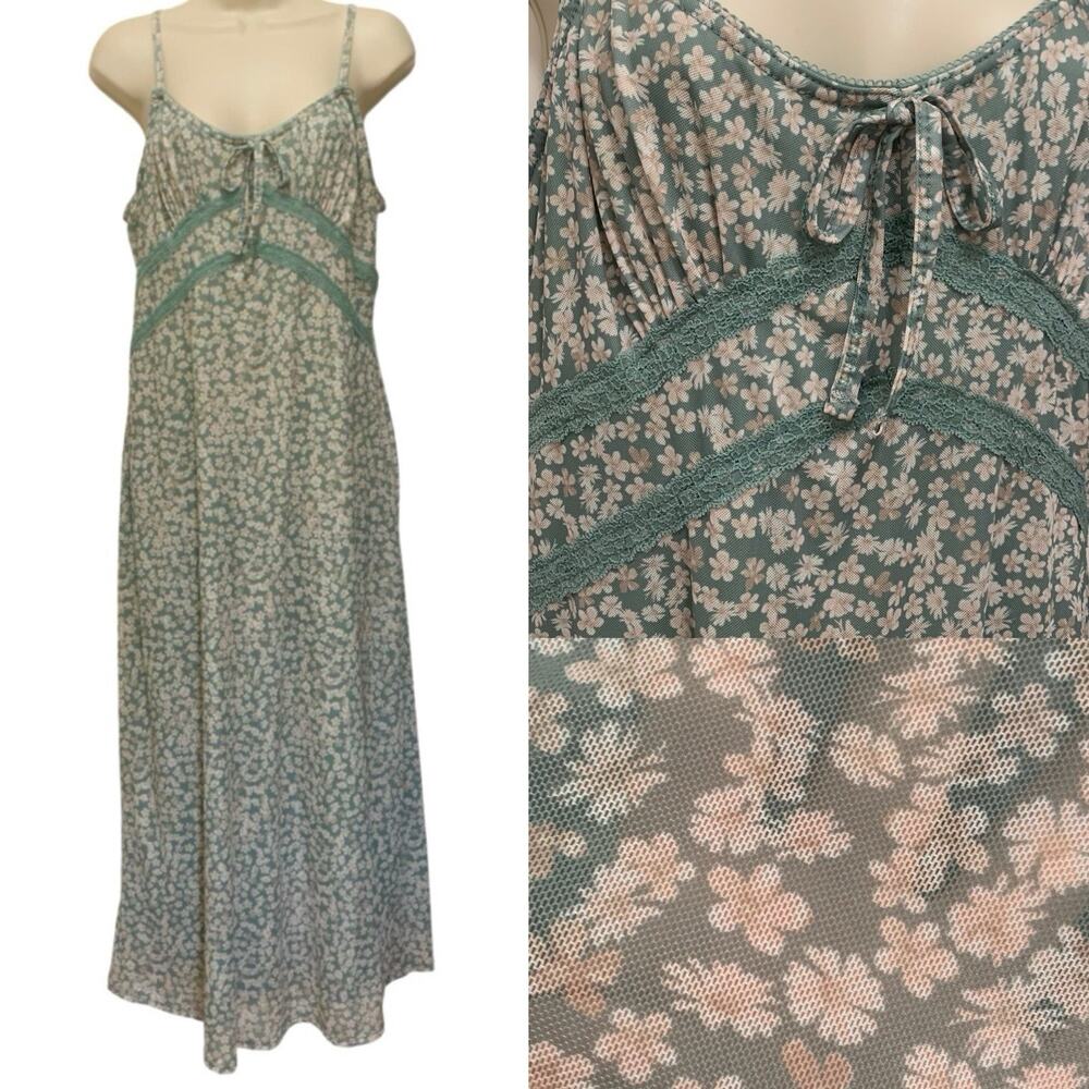Pink Republic Women’s Sz XL Sage Green Ditsy Floral Mesh Maxi Slip Dress